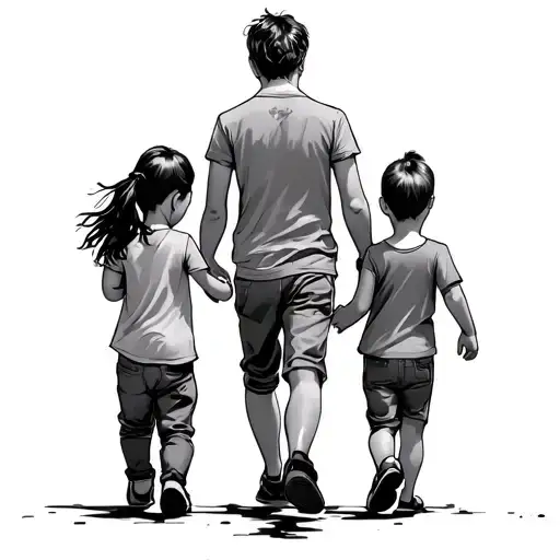 Father 2 Girls 1 Boy Child Walking