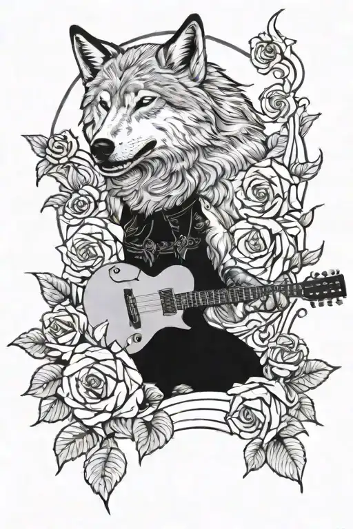 Guitar Within Roses And A Wolf Howling At The Moon