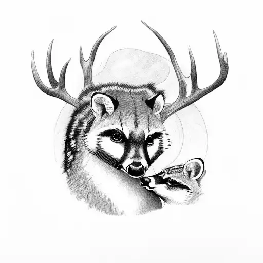 Deer With Raccoon In The Woods