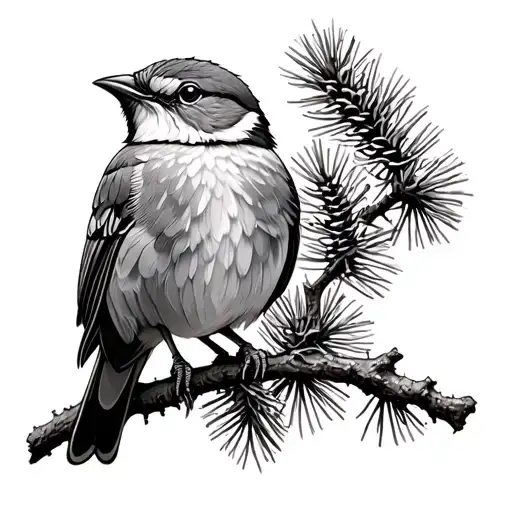 A Bird Standing In A Branch Of Pine Cone Tree Branch