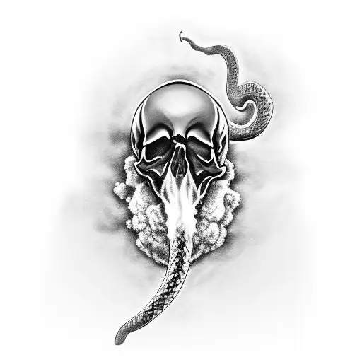A Black And Grey Tattoo Of A Skull Exhaling Smoke Shaped Like A Snake