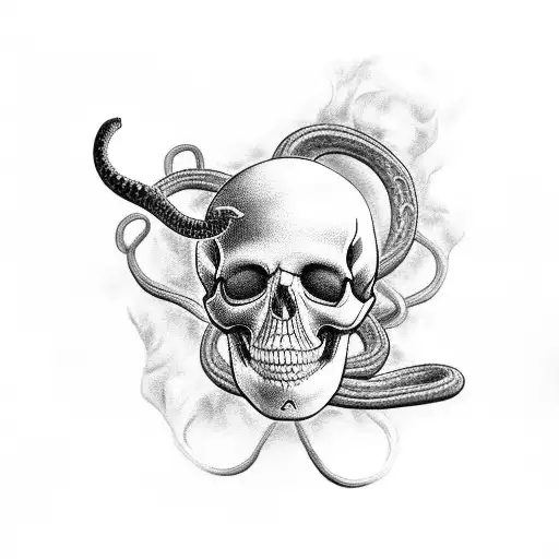 A Realistic Black And Grey Tattoo Of A Smoking Skull Entwined With A Snake