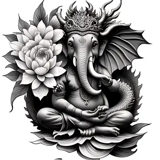 Dragon Elephant Flowers Intertwined Ganesha Sitting In Lotus
