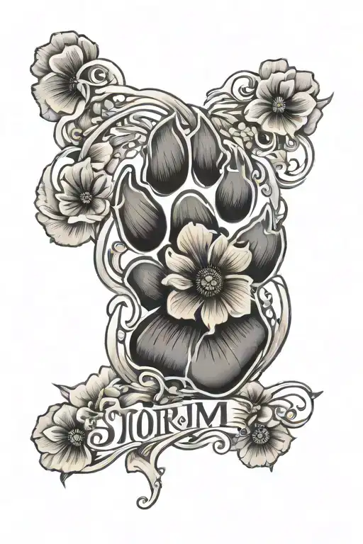 Textured Dog Paw Print With The Name Storm Surrounded By Poppy Flowers