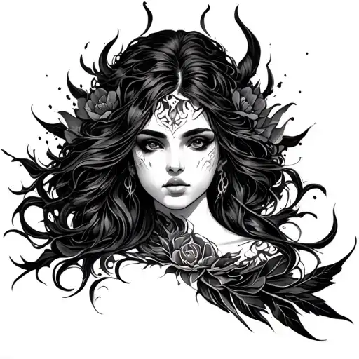 Dark Mystical Black Ink Chest Tattoo For Woman