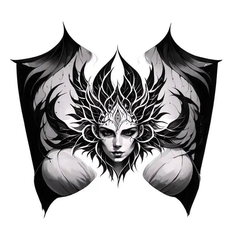 Dark Mystical Black Ink Chest Tattoo For Woman