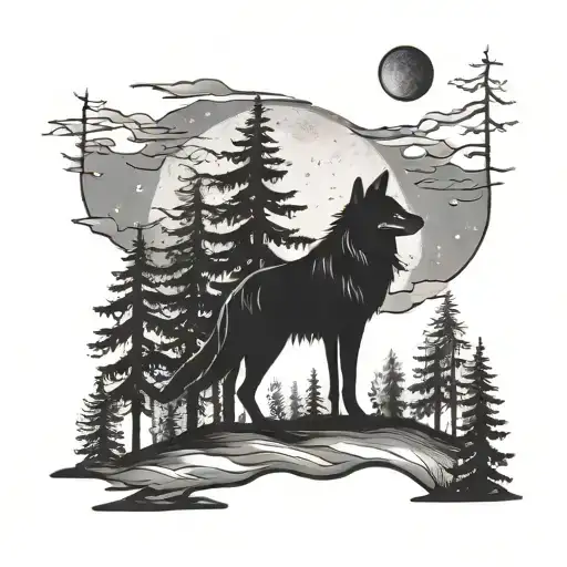 Forest At Night With Moon And One Wolf