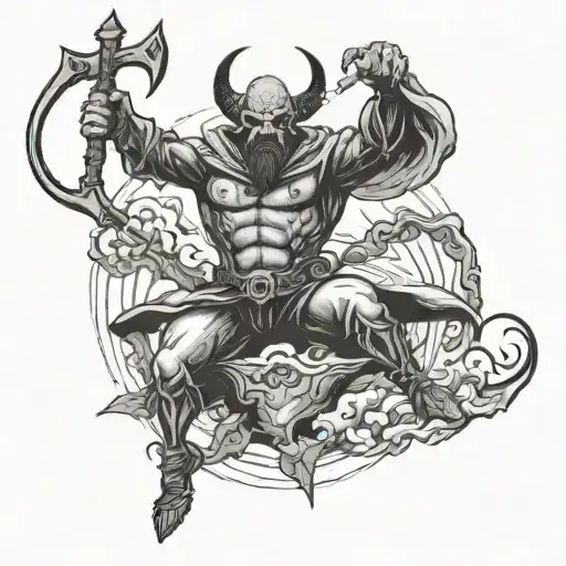 Man Dressed As El Diablo Holding A Trident And Jumping In The Air