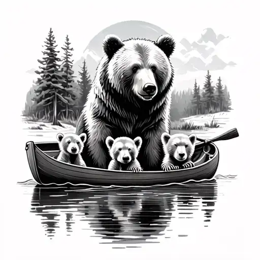 Bear And Two Cubs In A Canoe