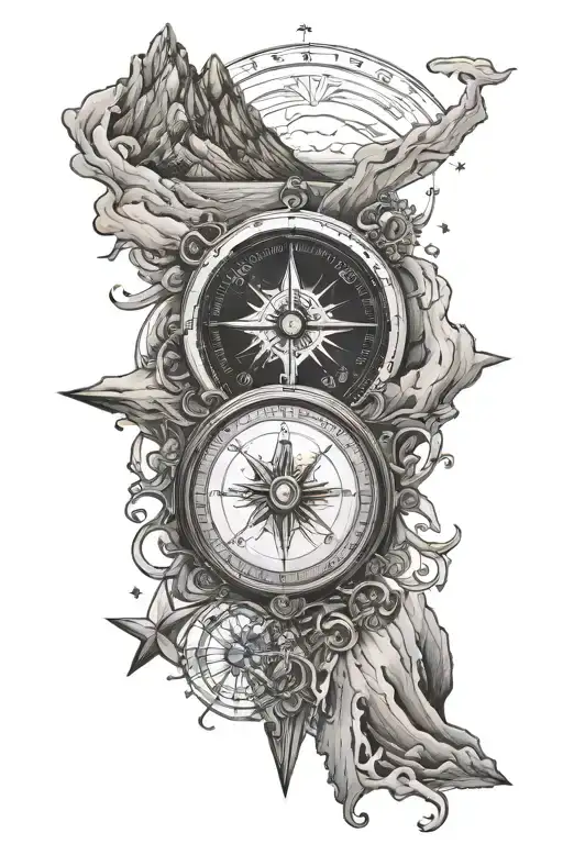 Compass With Mountains And Ocean