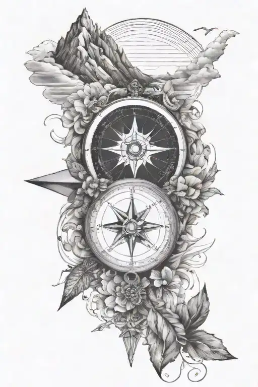 Fine Line Compass With Mountains And Ocean