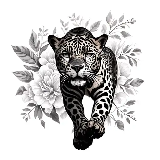 Walking Jaguars Body With Floral Designs Around