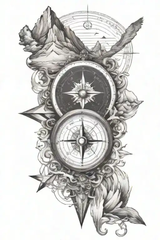 Fine Line Compass With Mountains And Ocean