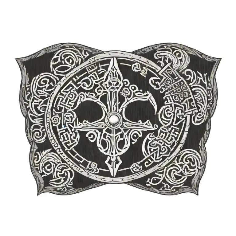 A Plain Viking Round Shiel Made Of Wood With Axes And Runes