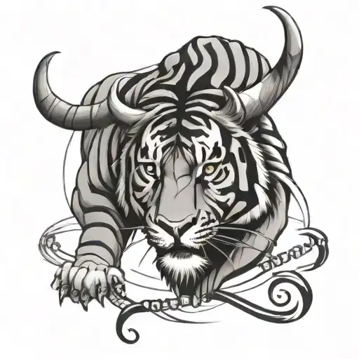 Create A Tattoo Of A Taurus Symbol Intertwined With A Tiger's Stripes And Musical Staffs