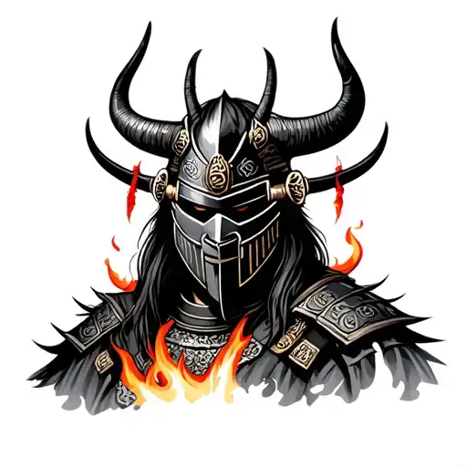 An Old Style Samurai In Mask And Horns With A Great Fiery Background