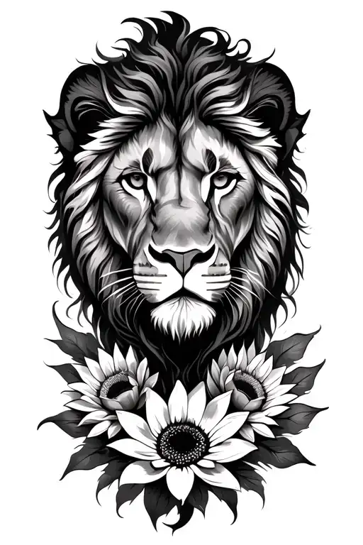Half Lion Half Lioness With Lotus Flower And Sunflower