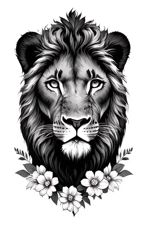 Half Lion Half Lioness With Flowers
