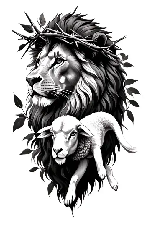 Realism Lion With Lamb Crown Of Thorns Wrapped And Olive Leaves