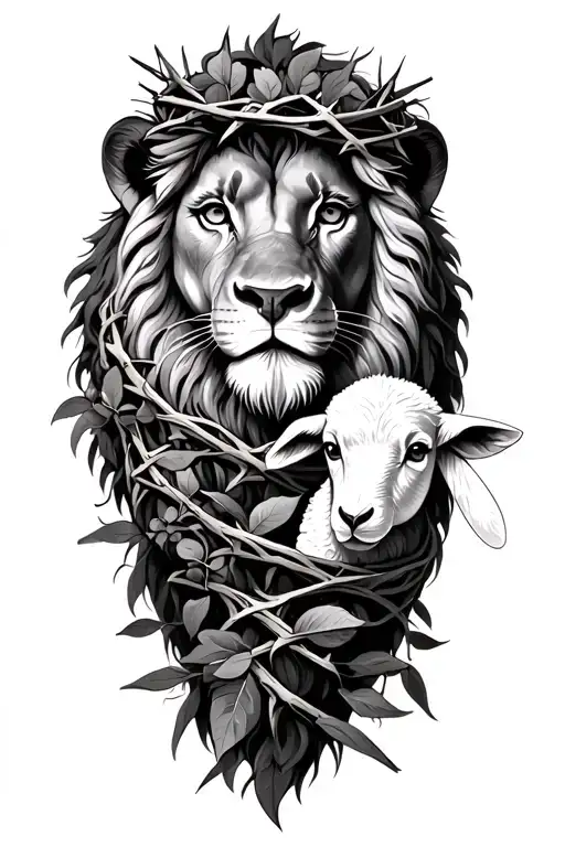Realism Lion With Lamb Crown Of Thorns Wrapped And Olive Leaves