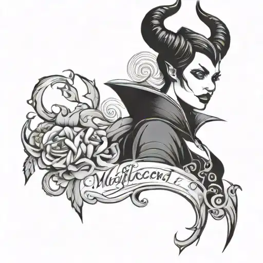 Malificent Outline Tattoo And Quote In Gothic Script