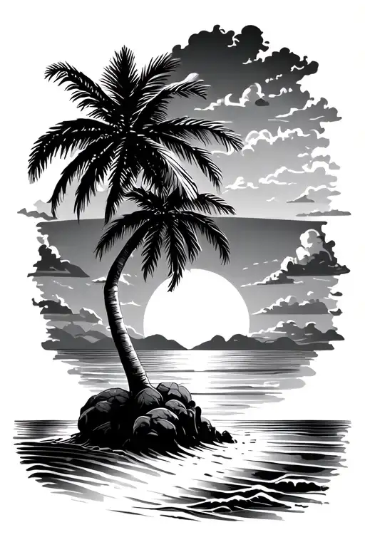Palm Tree On Sandy Island With Sea And Waves And Sunset