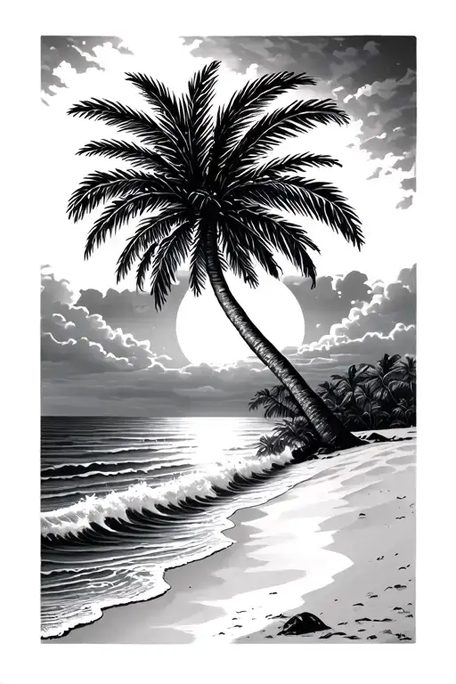 Palm Tree On Sandy Island With Sea And Waves And Sunset