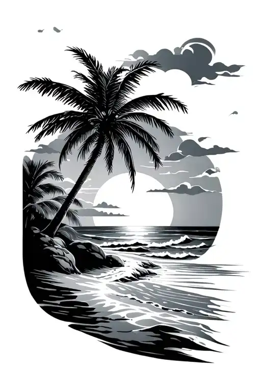 Palm Tree On Sandy Island With Sea And Waves And Sunset