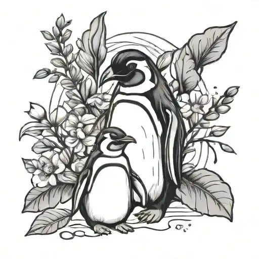 Penguin Dad And Daughter Line Art