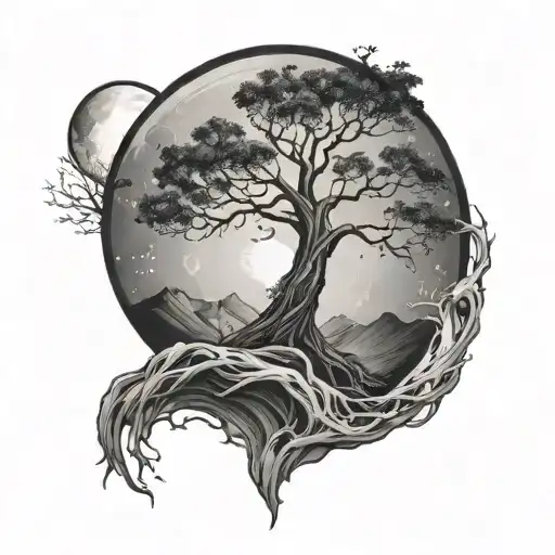 Tree Of Life On Cliff With Full Moon And Stars