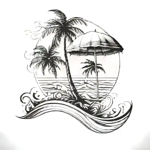 Parasol Beach Waves Palms In A Straight Line