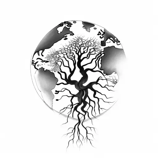 A Detailed Black And Grey Tattoo Of A Tree Of Life With Roots Spreading Across The Earth's Surface