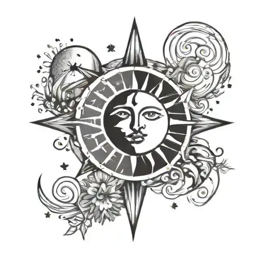 Sun And Moon And Stars In Minimalist Style Colorful