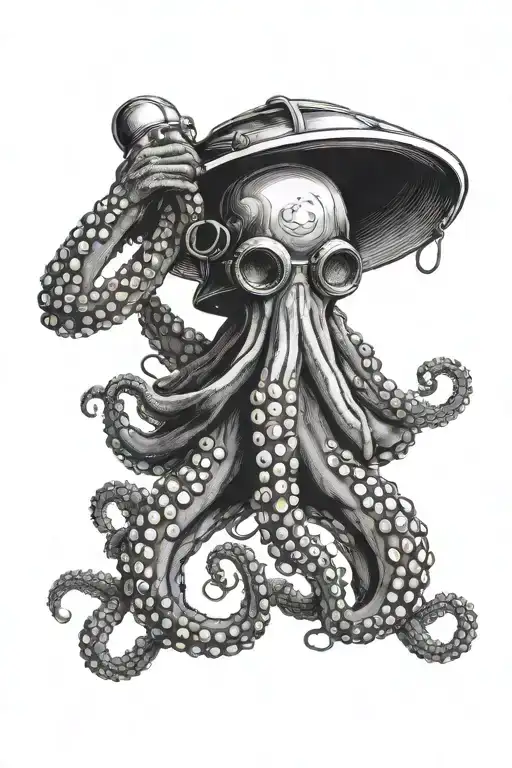 Octopus Holding Diver Helmet Reaching Out Of The Water To Grab A Boat