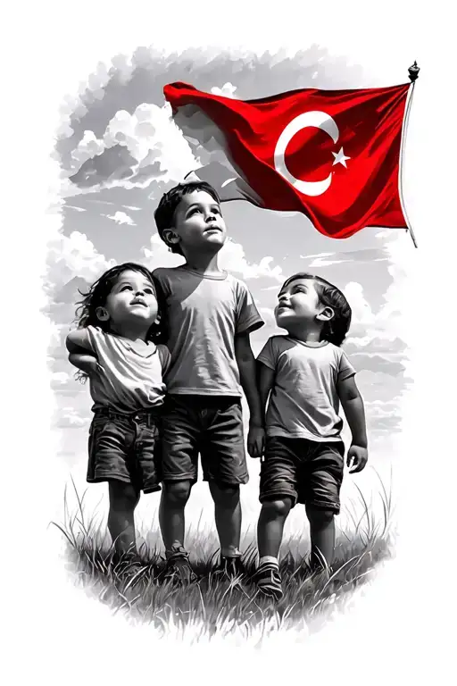 Three Kids On A Field Looking Up At The Sky And In The Sky Is The Turkish Flag