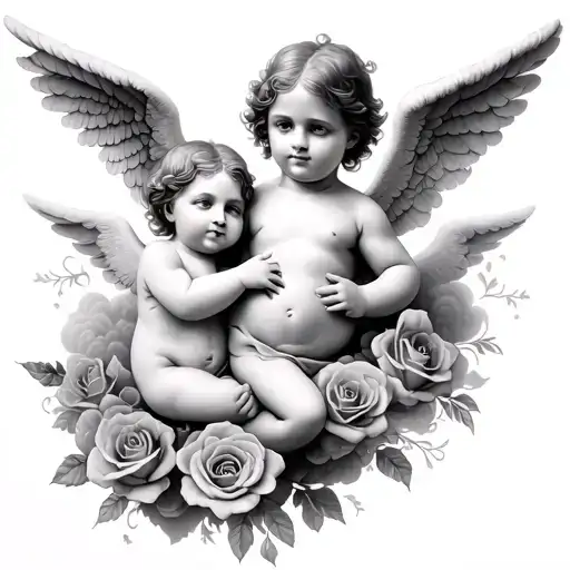 Angel Baby Cherubs Clouds Roses