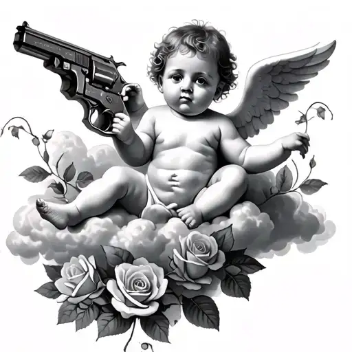 Two Baby Cherubs One Ganster With A Gun One Innocent In The Clouds With Roses Underneath