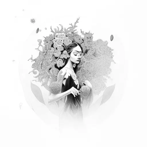 A Black-grey Portrait Of A Mystical Woman Surrounded By Floating Flowers And Cosmic Elements