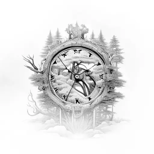 An Intricate Clock Mechanism Integrated Into A Forest Scene