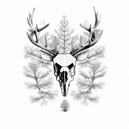 A Deer Skull Adorned With Intricate Pine Tree Branches And Surrounded By Flowing Rivers