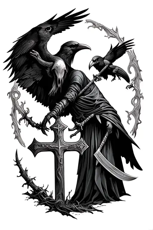 Viking Reaper With Graveyard And Christian Cross Made And Ravens