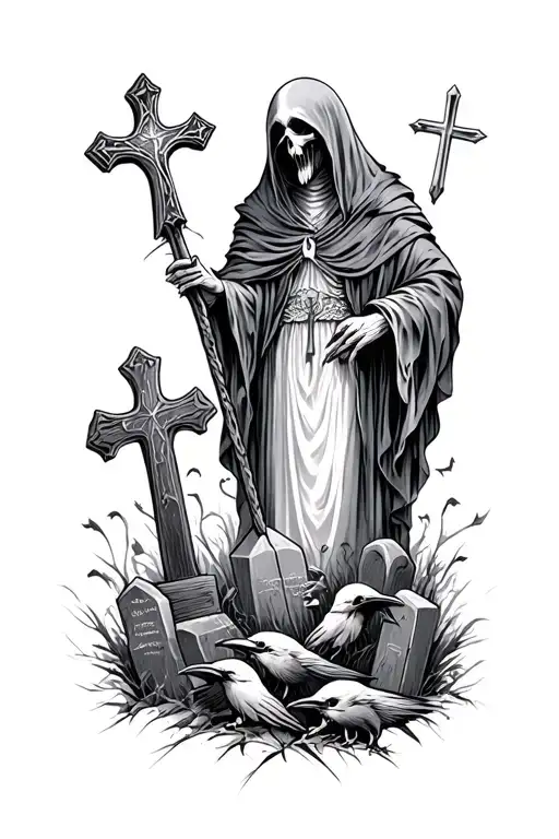 Reaper And Graveyard With Lot Of Christian Cross And Somes Ravens