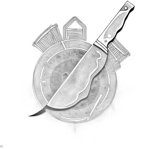 A Black And Grey Tattoo Of A Vinyl Record With A Chef's Knife