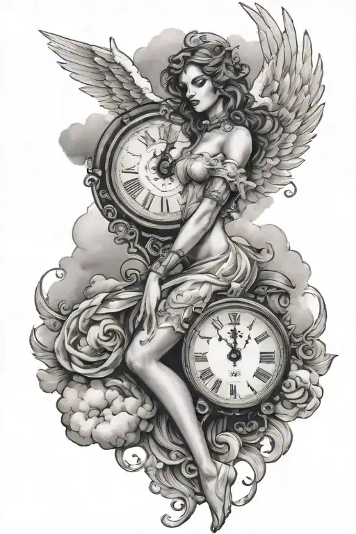 Lady Angel With One Clock And Clouds In Background