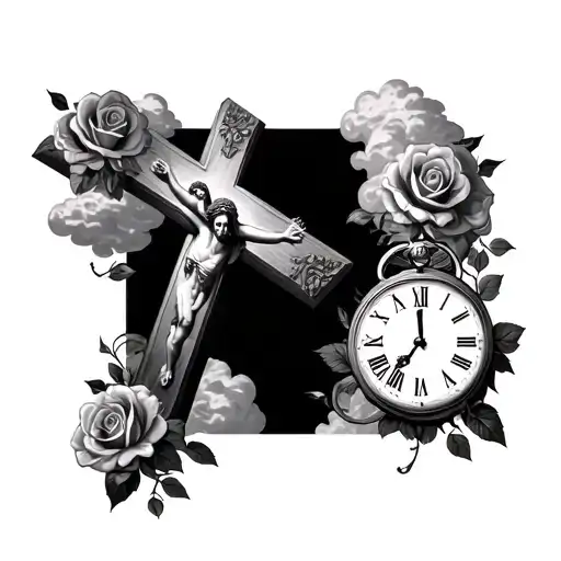 Clouds With Jesus Cross With Roses And A Time Clock