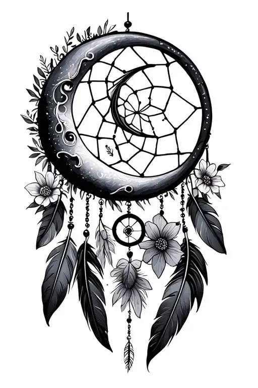 Crescent Moon As A Dreamcatcher With Feathers At The Bottom And Flowers