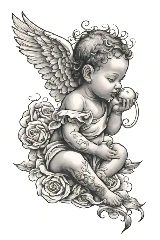 Baby Angel With Dove And Clouds Around