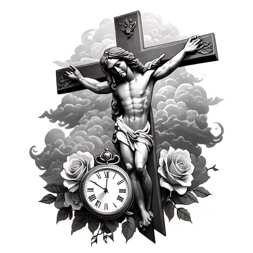 Clouds With Jesus Cross With Roses And A Time Clock