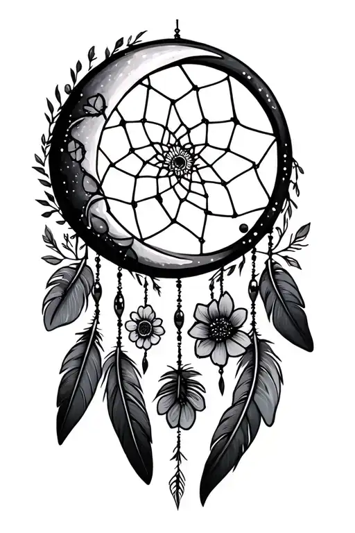 Crescent Moon As A Dreamcatcher With Feathers At The Bottom And Flowers