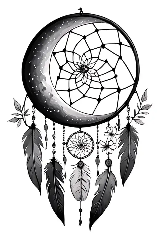 Crescent Moon As A Dreamcatcher With Feathers At The Bottom And Flowers